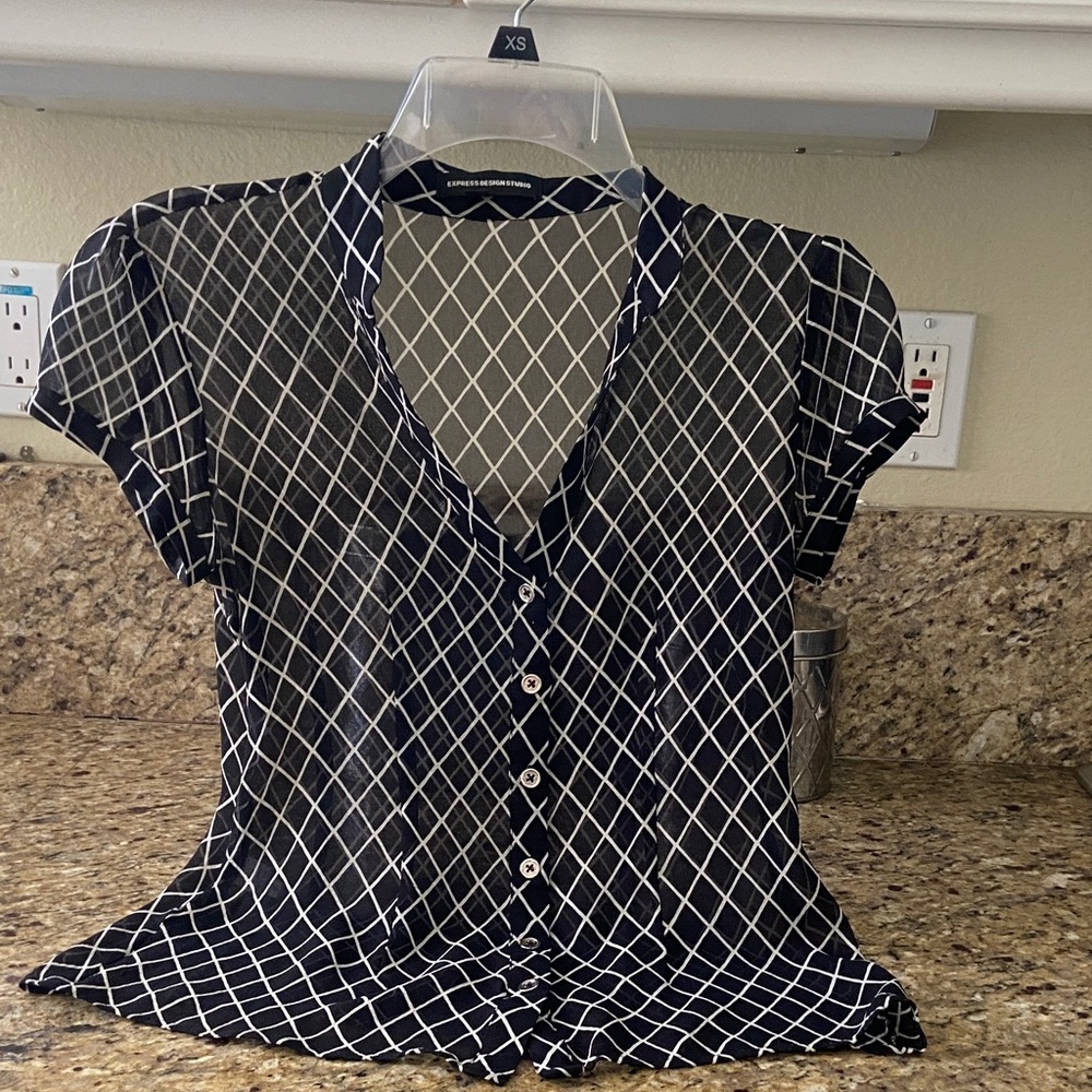 Express Navy and White Diamond Pattern Blouse